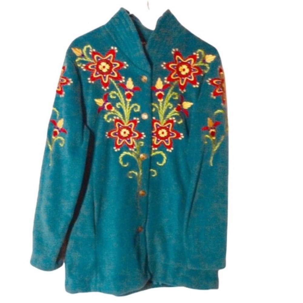 BOB MACKIE Wearable ART Sweater Jacket With FLORAL Embroidery Size Medium